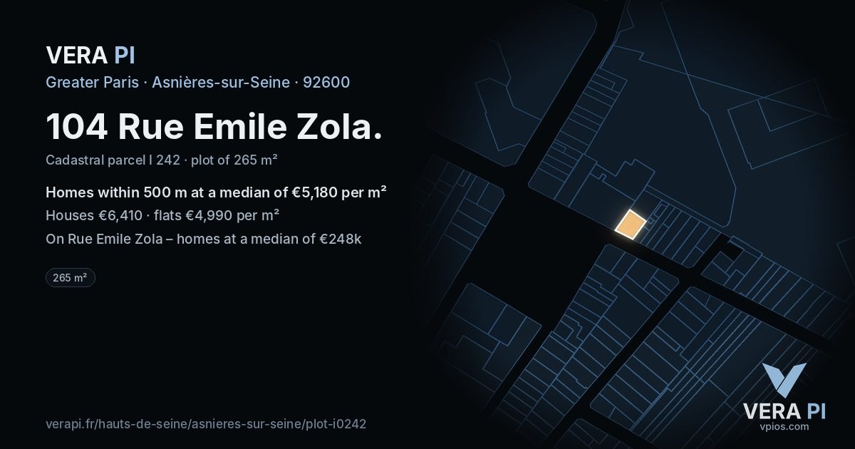 104 Rue Emile Zola, Asnières-sur-Seine at night – the plot lit, the parcels around coloured by the prices near them