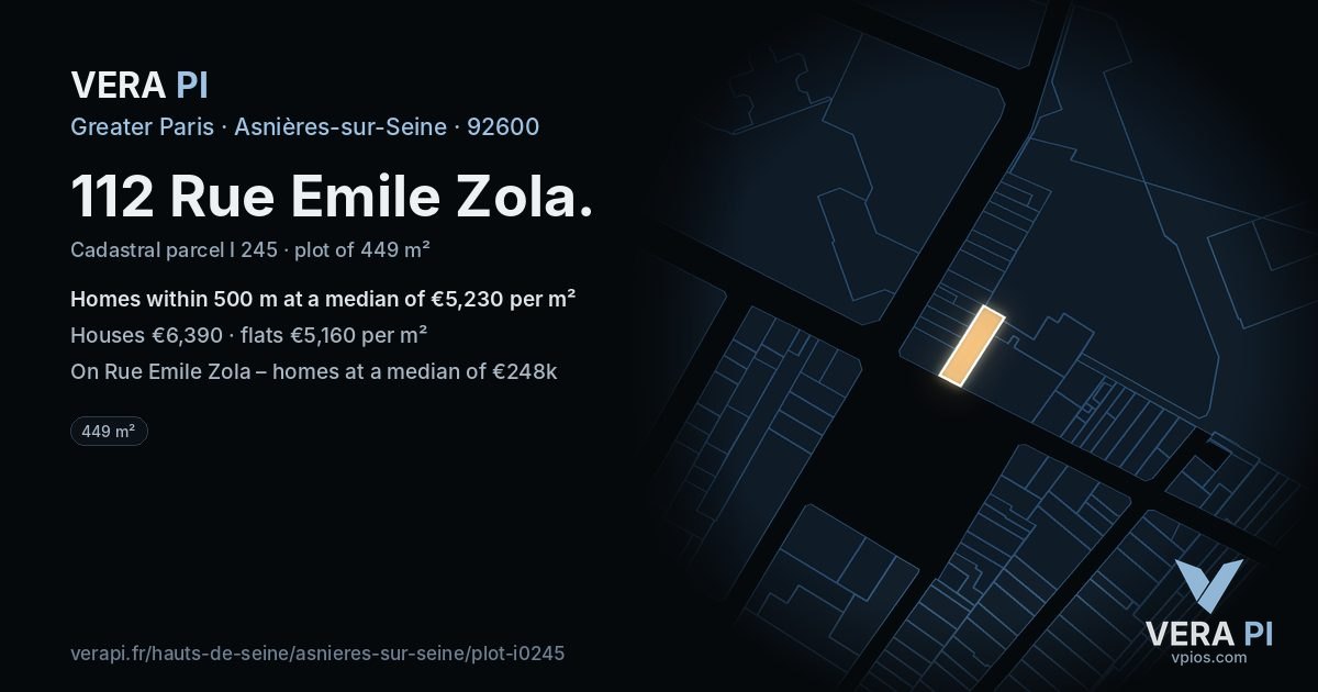 112 Rue Emile Zola, Asnières-sur-Seine at night – the plot lit, the parcels around coloured by the prices near them