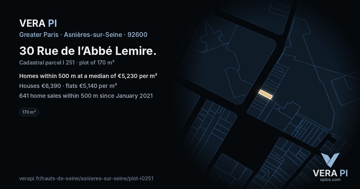 30 Rue de l’Abbé Lemire, Asnières-sur-Seine at night – the plot lit, the parcels around coloured by the prices near them