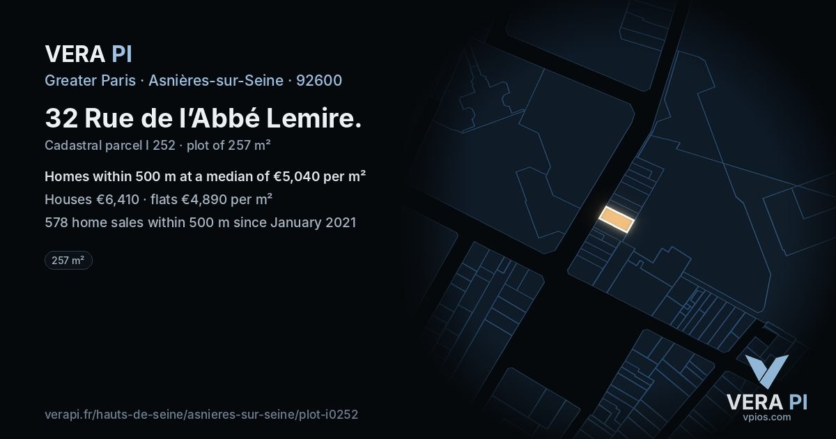 32 Rue de l’Abbé Lemire, Asnières-sur-Seine at night – the plot lit, the parcels around coloured by the prices near them