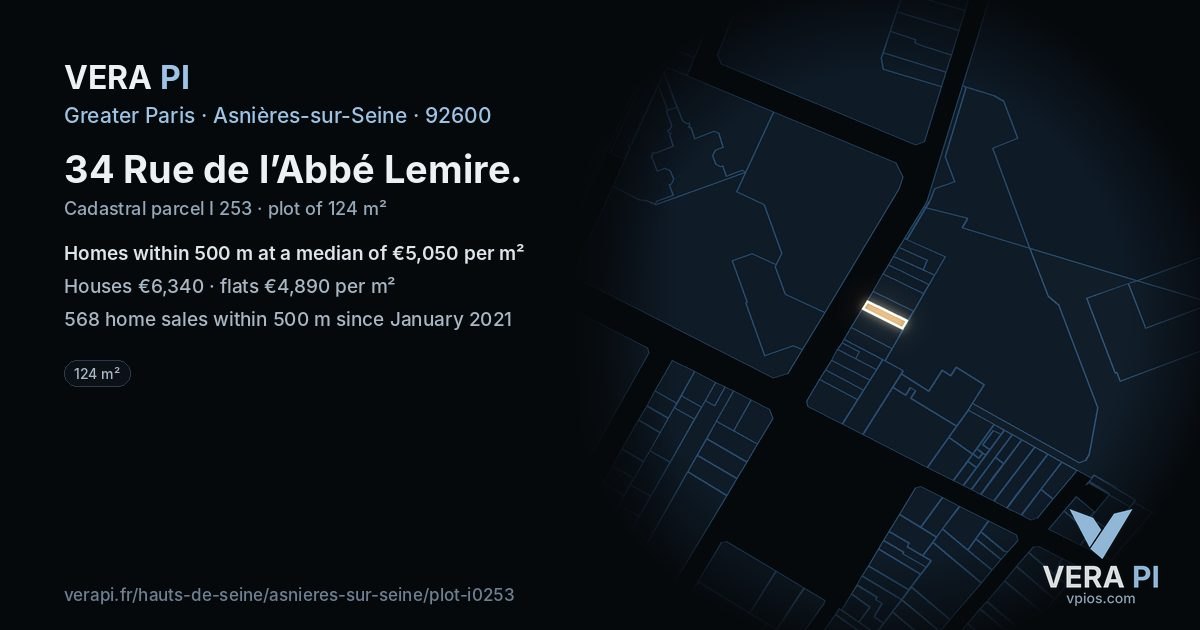 34 Rue de l’Abbé Lemire, Asnières-sur-Seine at night – the plot lit, the parcels around coloured by the prices near them
