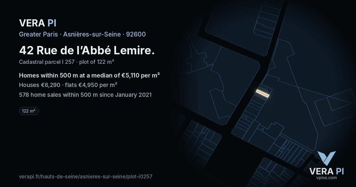 42 Rue de l’Abbé Lemire, Asnières-sur-Seine at night – the plot lit, the parcels around coloured by the prices near them