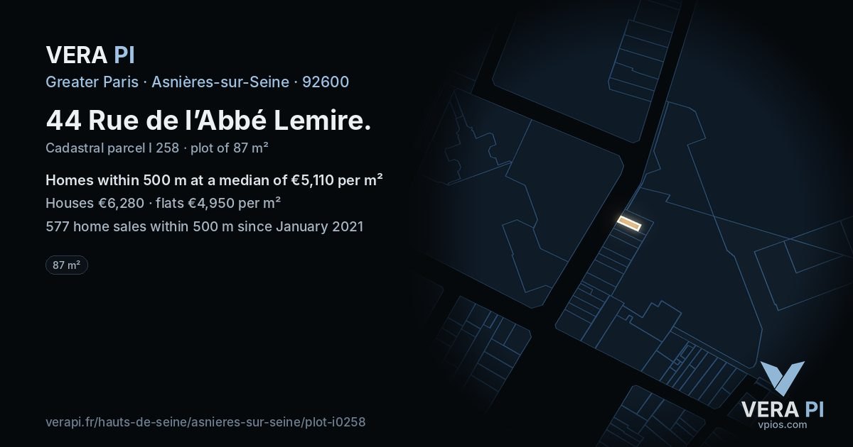 44 Rue de l’Abbé Lemire, Asnières-sur-Seine at night – the plot lit, the parcels around coloured by the prices near them