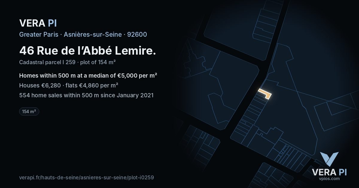 46 Rue de l’Abbé Lemire, Asnières-sur-Seine at night – the plot lit, the parcels around coloured by the prices near them