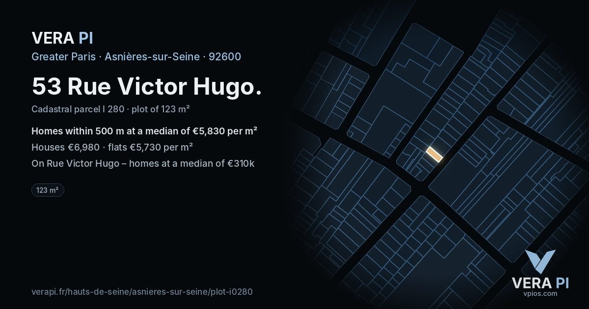 53 Rue Victor Hugo, Asnières-sur-Seine at night – the plot lit, the parcels around coloured by the prices near them