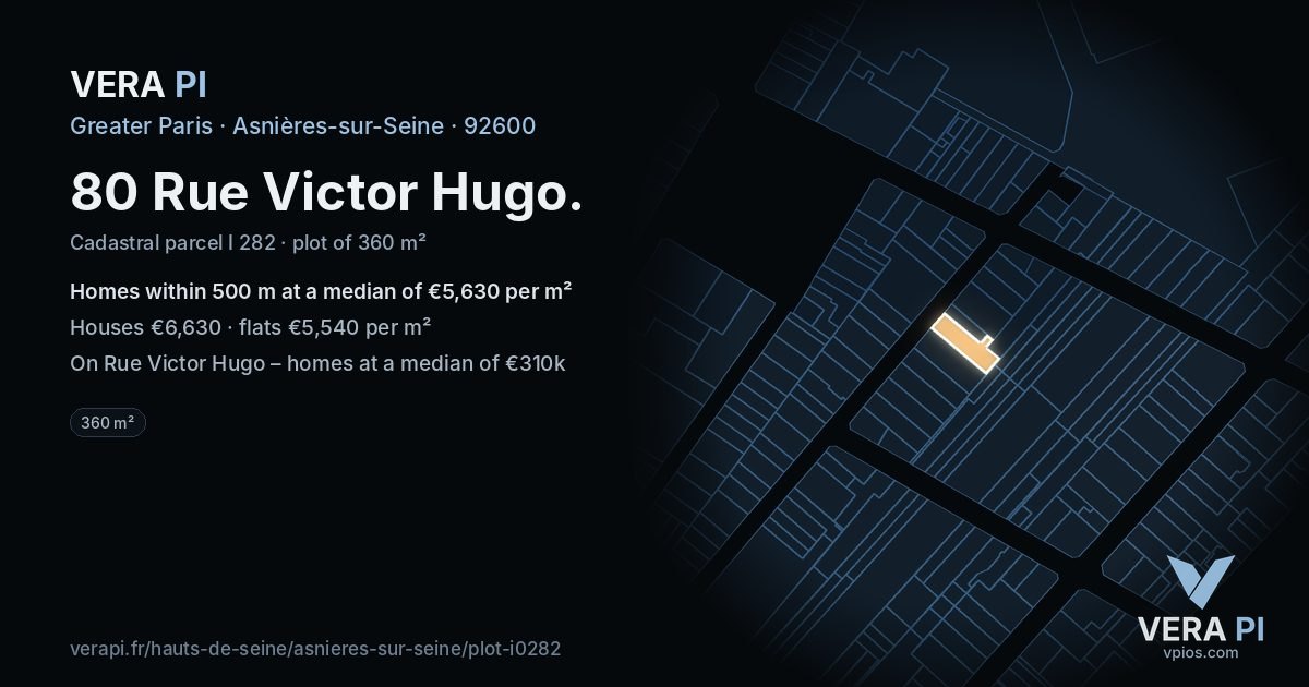 80 Rue Victor Hugo, Asnières-sur-Seine at night – the plot lit, the parcels around coloured by the prices near them