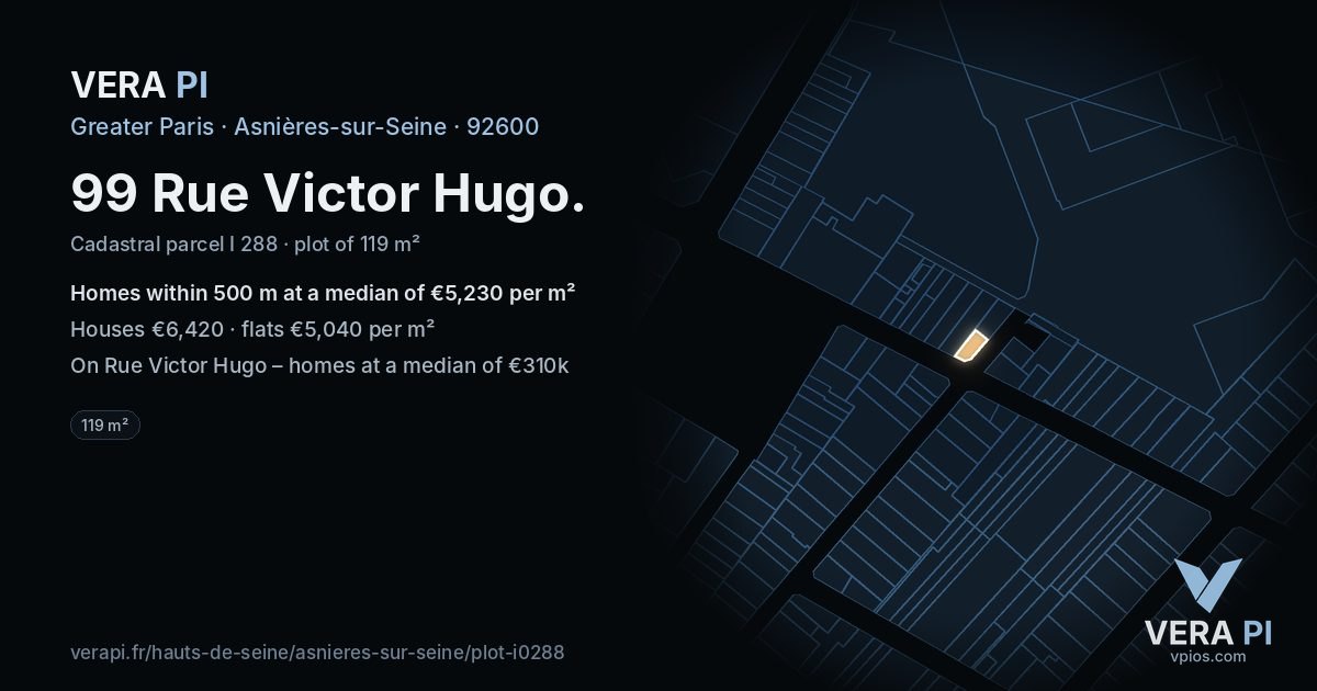 99 Rue Victor Hugo, Asnières-sur-Seine at night – the plot lit, the parcels around coloured by the prices near them