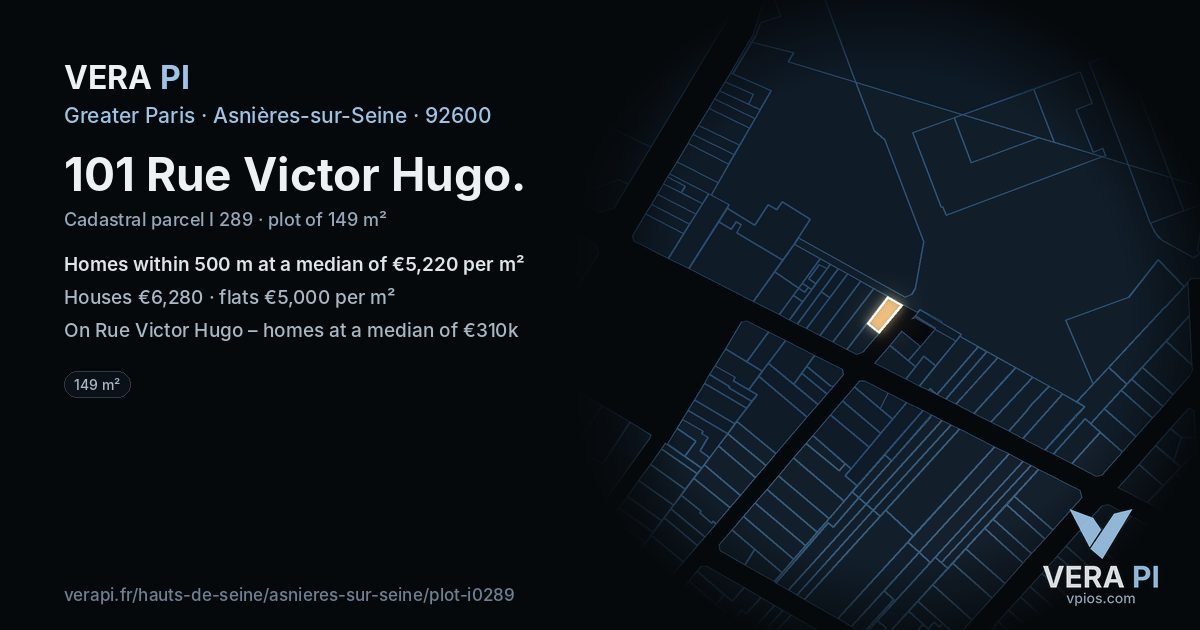 101 Rue Victor Hugo, Asnières-sur-Seine at night – the plot lit, the parcels around coloured by the prices near them