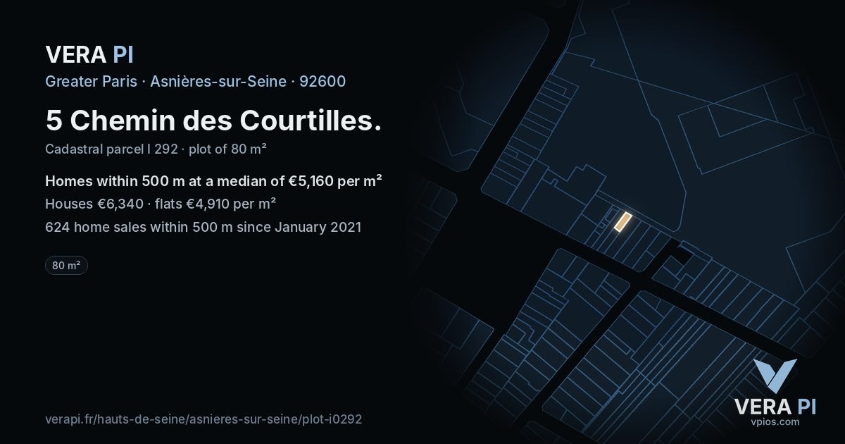 5 Chemin des Courtilles, Asnières-sur-Seine at night – the plot lit, the parcels around coloured by the prices near them