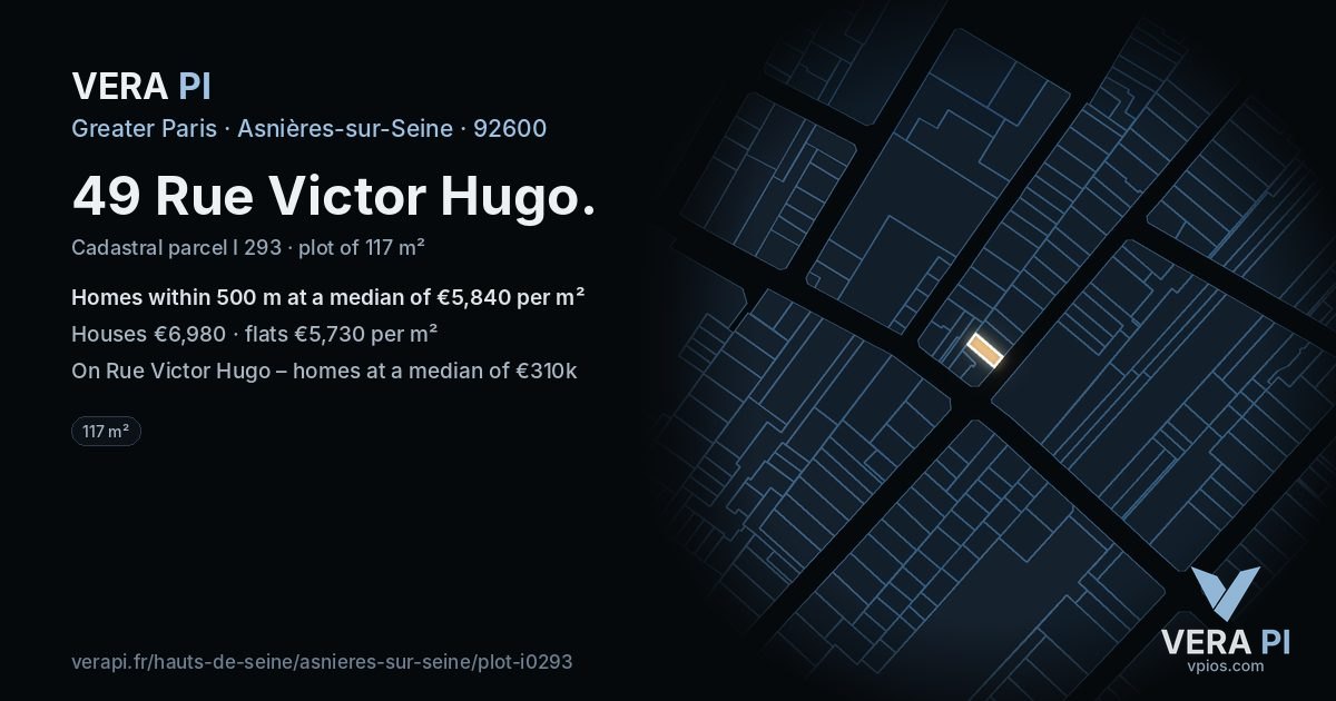 49 Rue Victor Hugo, Asnières-sur-Seine at night – the plot lit, the parcels around coloured by the prices near them