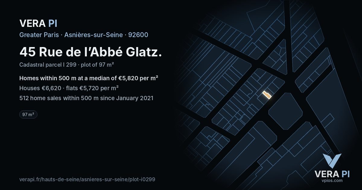 45 Rue de l’Abbé Glatz, Asnières-sur-Seine at night – the plot lit, the parcels around coloured by the prices near them