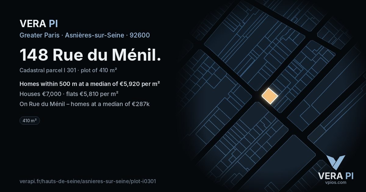 148 Rue du Ménil, Asnières-sur-Seine at night – the plot lit, the parcels around coloured by the prices near them