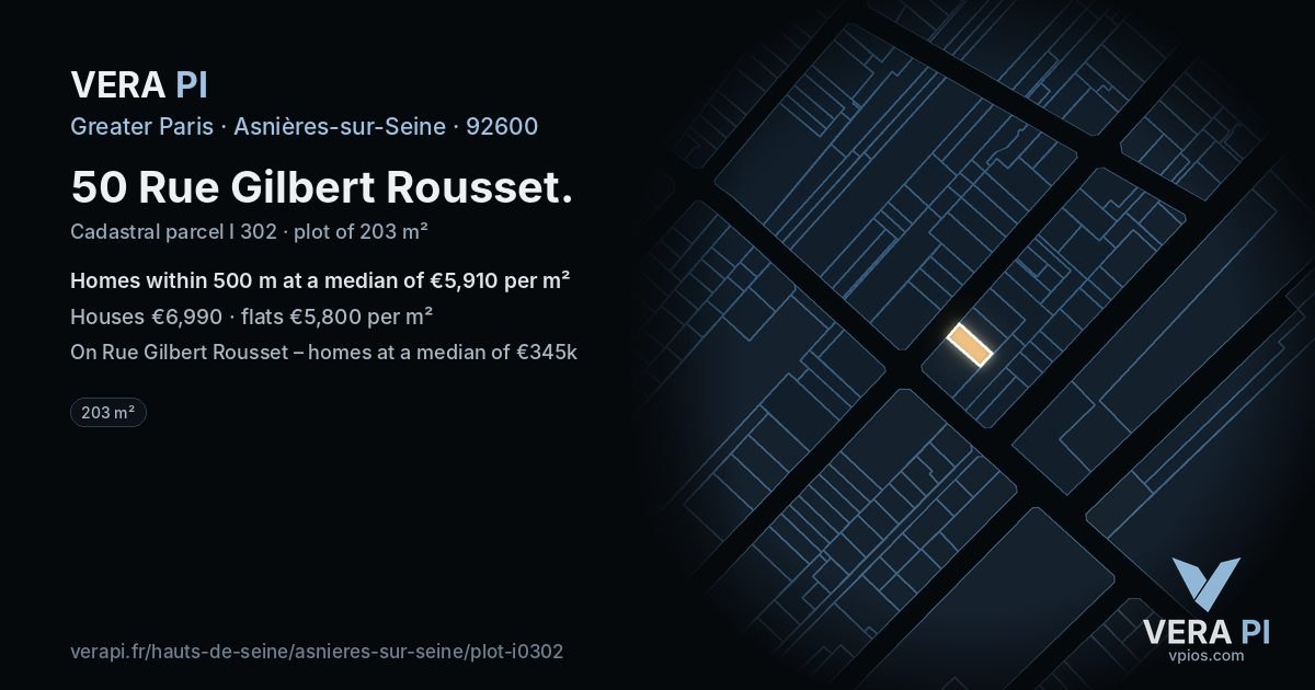 50 Rue Gilbert Rousset, Asnières-sur-Seine at night – the plot lit, the parcels around coloured by the prices near them