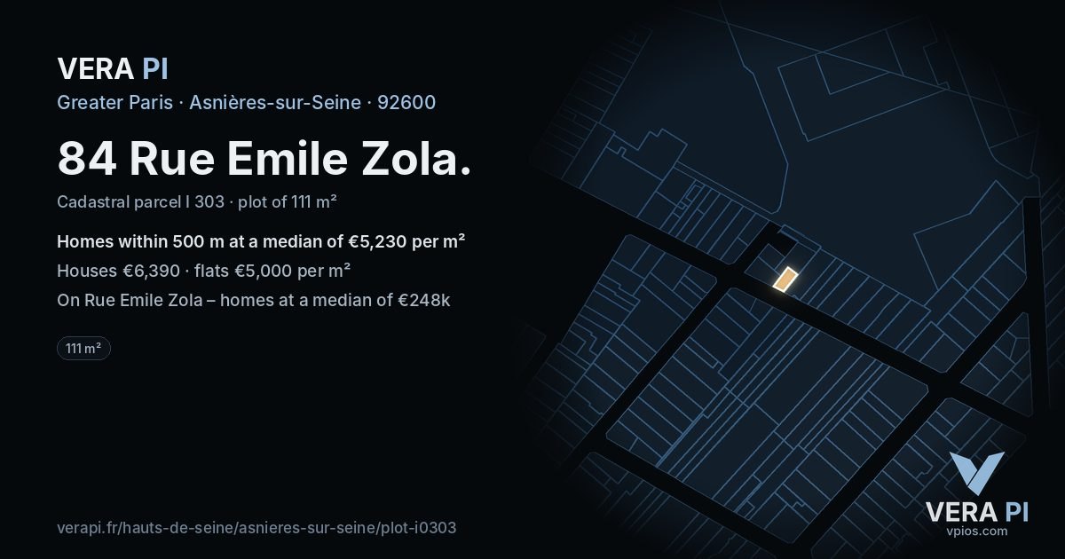 84 Rue Emile Zola, Asnières-sur-Seine at night – the plot lit, the parcels around coloured by the prices near them