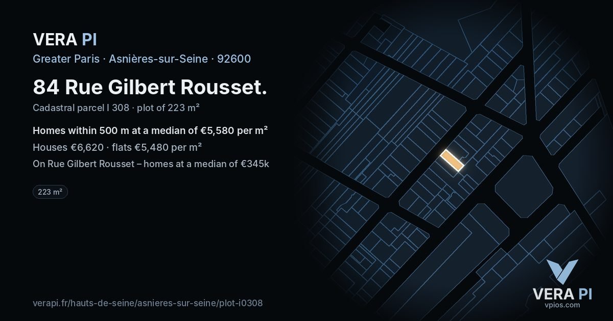 84 Rue Gilbert Rousset, Asnières-sur-Seine at night – the plot lit, the parcels around coloured by the prices near them