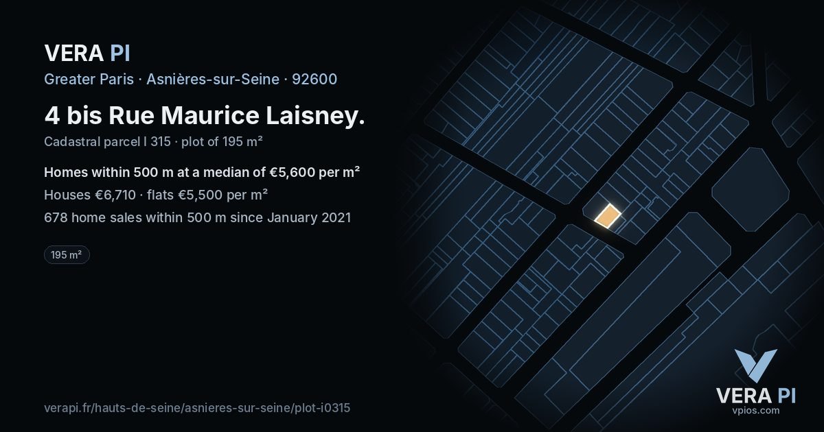 4 bis Rue Maurice Laisney, Asnières-sur-Seine at night – the plot lit, the parcels around coloured by the prices near them
