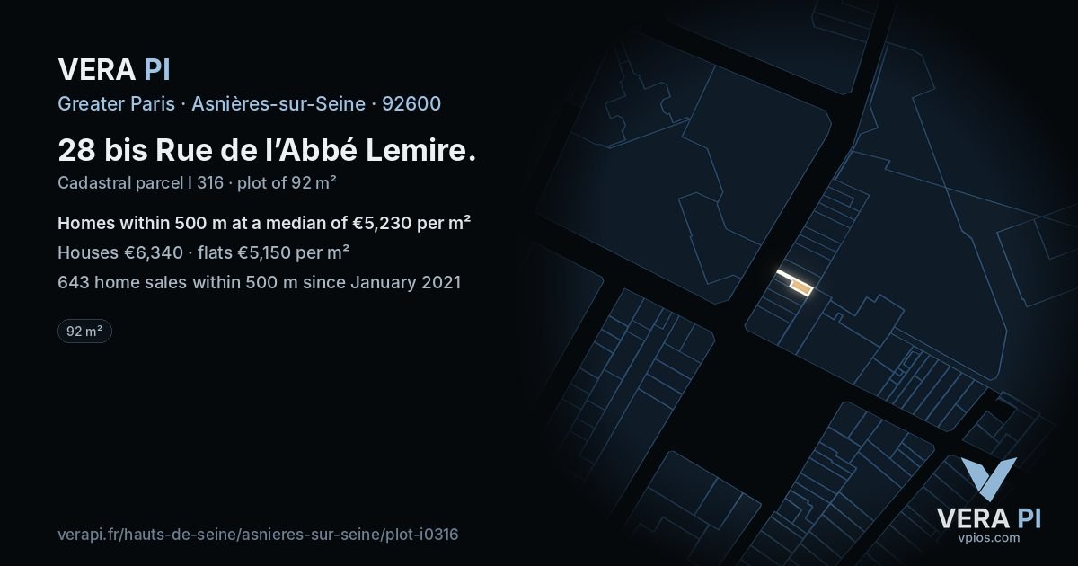 28 bis Rue de l’Abbé Lemire, Asnières-sur-Seine at night – the plot lit, the parcels around coloured by the prices near them