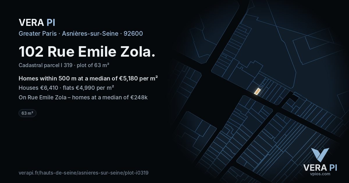 102 Rue Emile Zola, Asnières-sur-Seine at night – the plot lit, the parcels around coloured by the prices near them