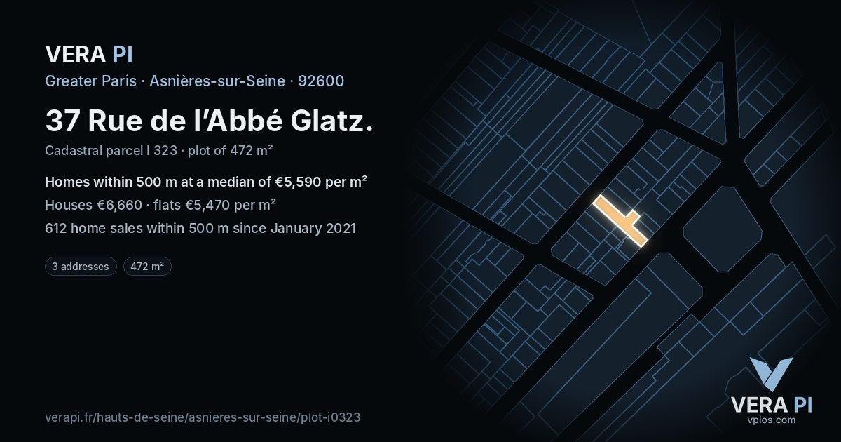37 Rue de l’Abbé Glatz, Asnières-sur-Seine at night – the plot lit, the parcels around coloured by the prices near them