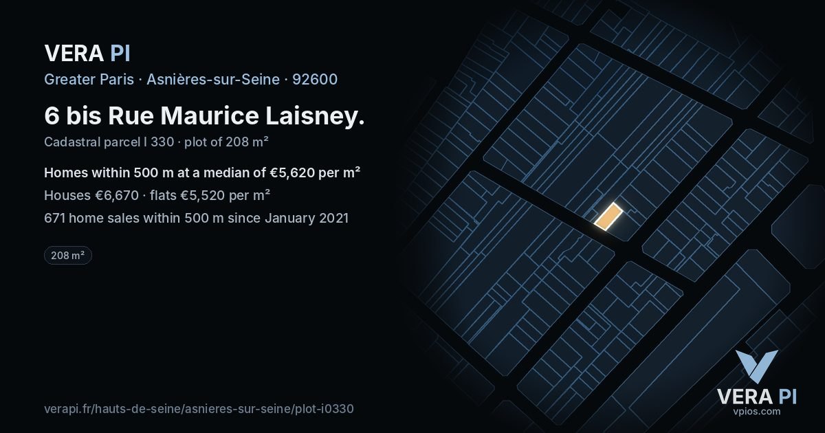 6 bis Rue Maurice Laisney, Asnières-sur-Seine at night – the plot lit, the parcels around coloured by the prices near them