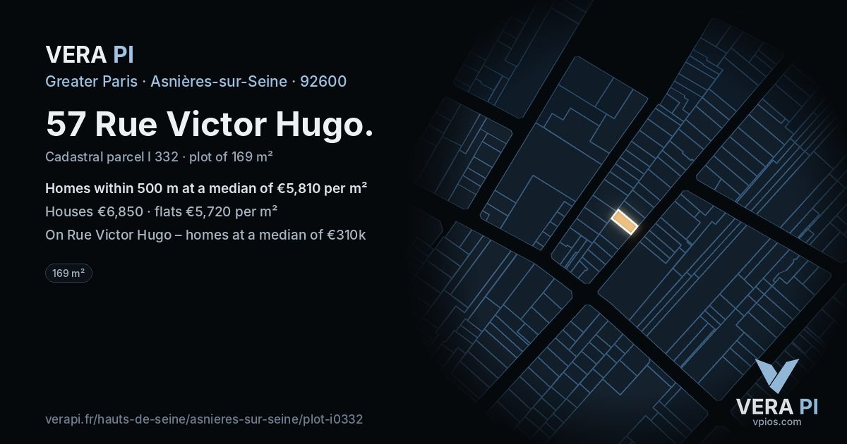 57 Rue Victor Hugo, Asnières-sur-Seine at night – the plot lit, the parcels around coloured by the prices near them