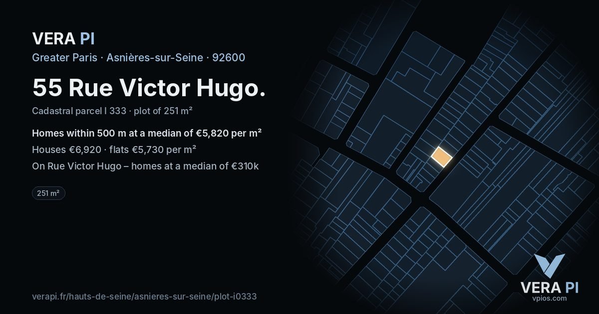 55 Rue Victor Hugo, Asnières-sur-Seine at night – the plot lit, the parcels around coloured by the prices near them