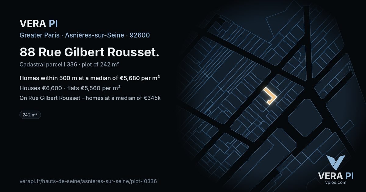 88 Rue Gilbert Rousset, Asnières-sur-Seine at night – the plot lit, the parcels around coloured by the prices near them