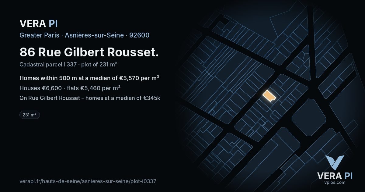 86 Rue Gilbert Rousset, Asnières-sur-Seine at night – the plot lit, the parcels around coloured by the prices near them