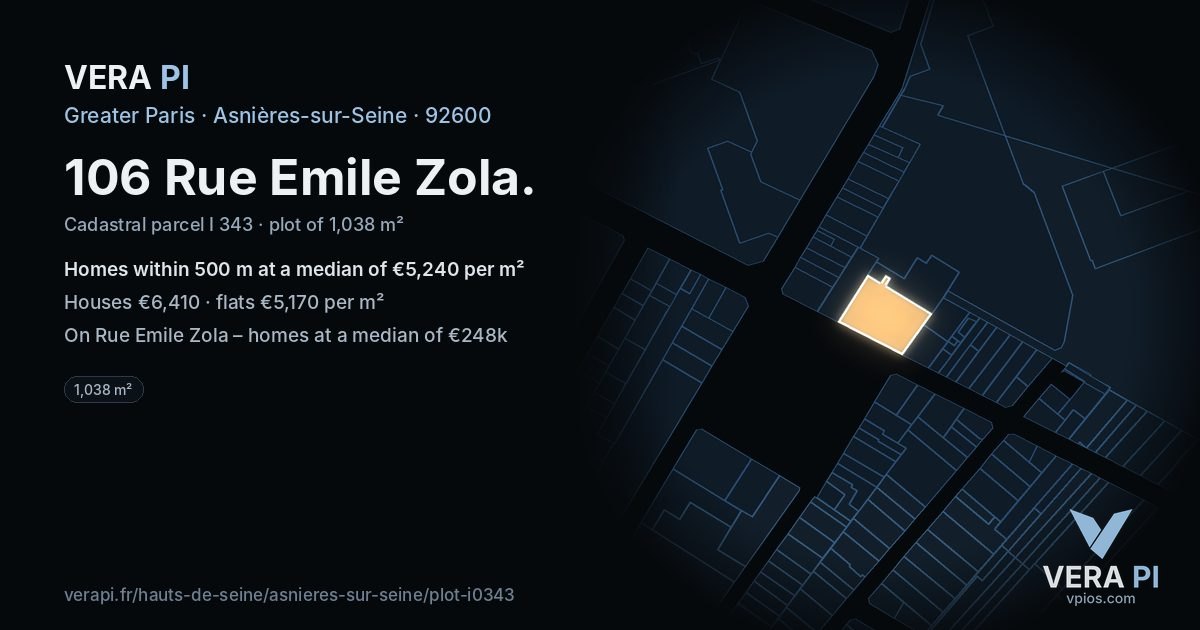 106 Rue Emile Zola, Asnières-sur-Seine at night – the plot lit, the parcels around coloured by the prices near them