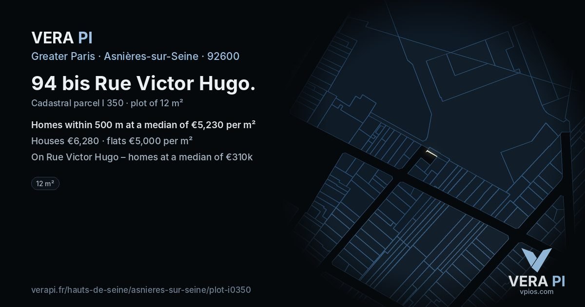 94 bis Rue Victor Hugo, Asnières-sur-Seine at night – the plot lit, the parcels around coloured by the prices near them