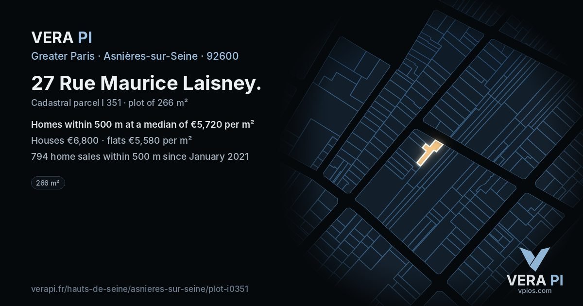 27 Rue Maurice Laisney, Asnières-sur-Seine at night – the plot lit, the parcels around coloured by the prices near them