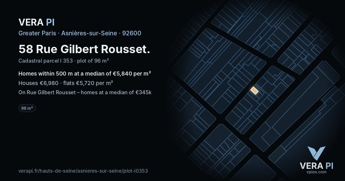 58 Rue Gilbert Rousset, Asnières-sur-Seine at night – the plot lit, the parcels around coloured by the prices near them