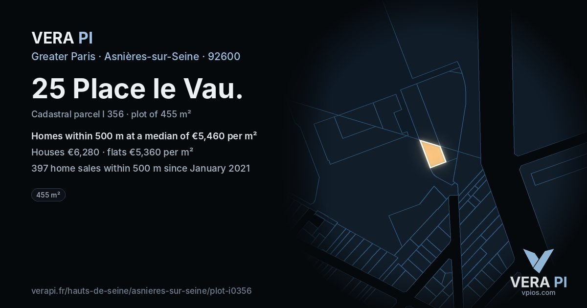 25 Place le Vau, Asnières-sur-Seine at night – the plot lit, the parcels around coloured by the prices near them