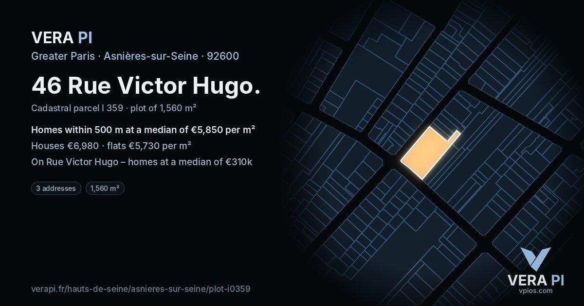 46 Rue Victor Hugo, Asnières-sur-Seine at night – the plot lit, the parcels around coloured by the prices near them