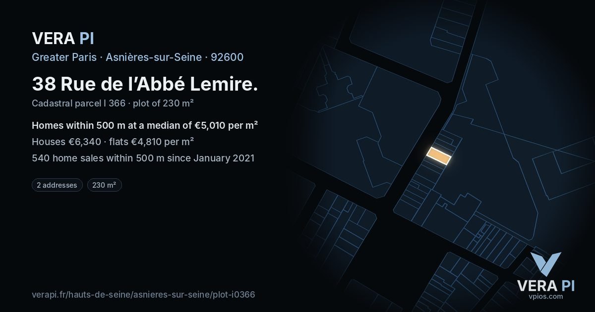 38 Rue de l’Abbé Lemire, Asnières-sur-Seine at night – the plot lit, the parcels around coloured by the prices near them