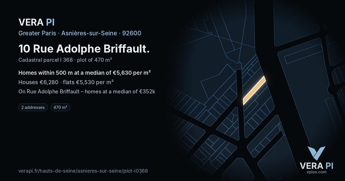 10 Rue Adolphe Briffault, Asnières-sur-Seine at night – the plot lit, the parcels around coloured by the prices near them