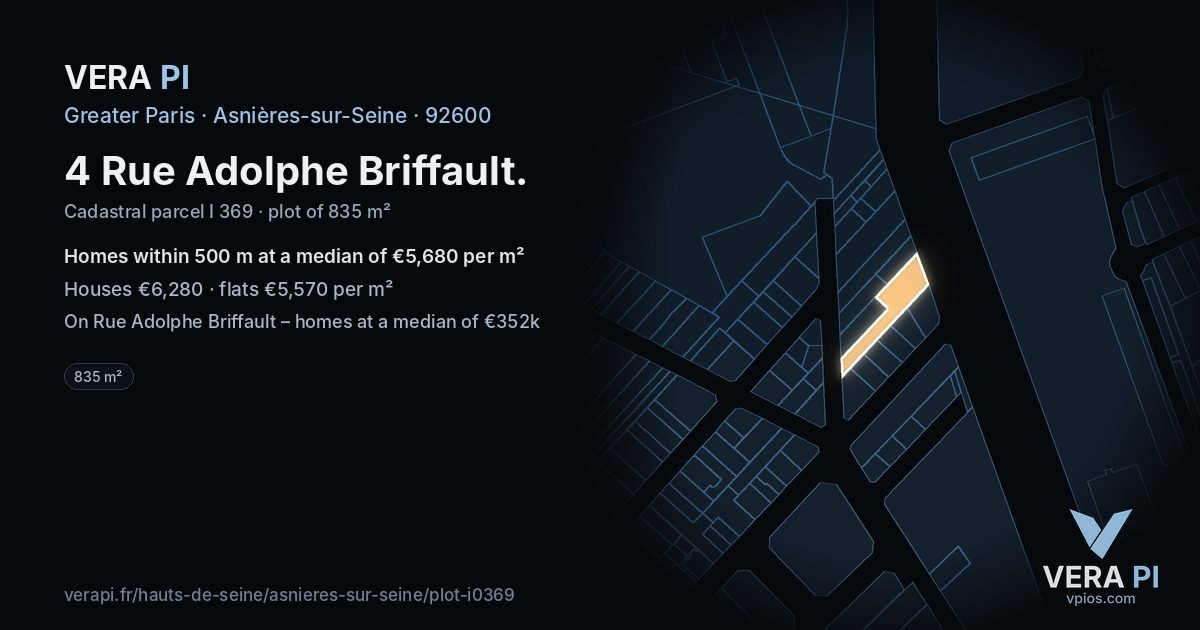4 Rue Adolphe Briffault, Asnières-sur-Seine at night – the plot lit, the parcels around coloured by the prices near them
