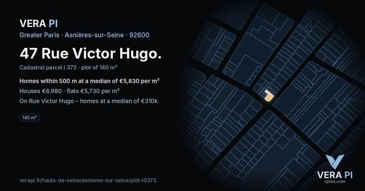 47 Rue Victor Hugo, Asnières-sur-Seine at night – the plot lit, the parcels around coloured by the prices near them