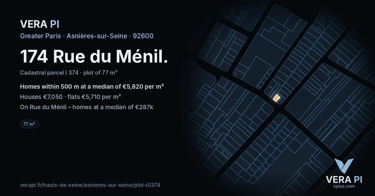 174 Rue du Ménil, Asnières-sur-Seine at night – the plot lit, the parcels around coloured by the prices near them