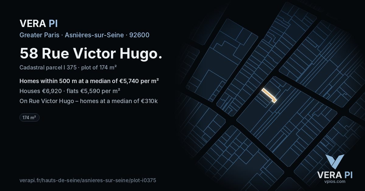 58 Rue Victor Hugo, Asnières-sur-Seine at night – the plot lit, the parcels around coloured by the prices near them