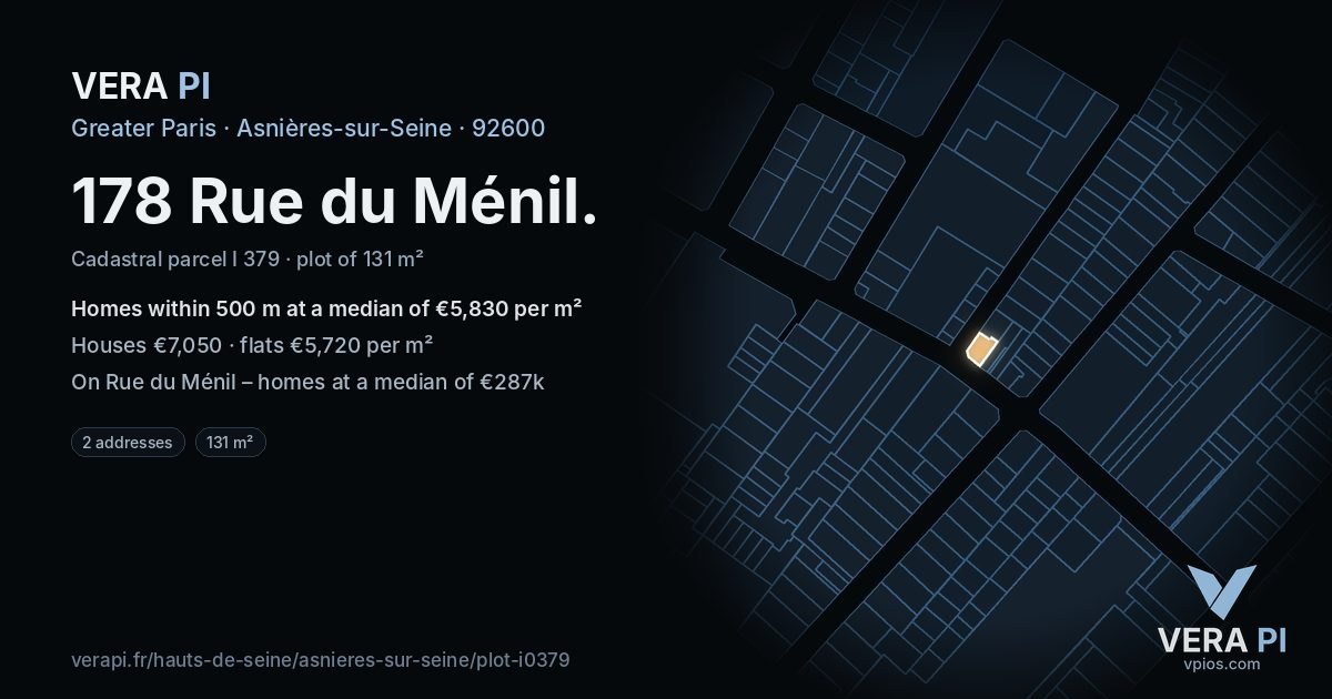 178 Rue du Ménil, Asnières-sur-Seine at night – the plot lit, the parcels around coloured by the prices near them