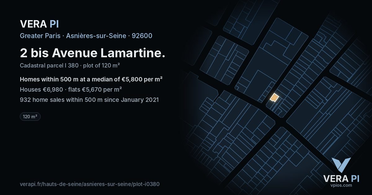 2 bis Avenue Lamartine, Asnières-sur-Seine at night – the plot lit, the parcels around coloured by the prices near them