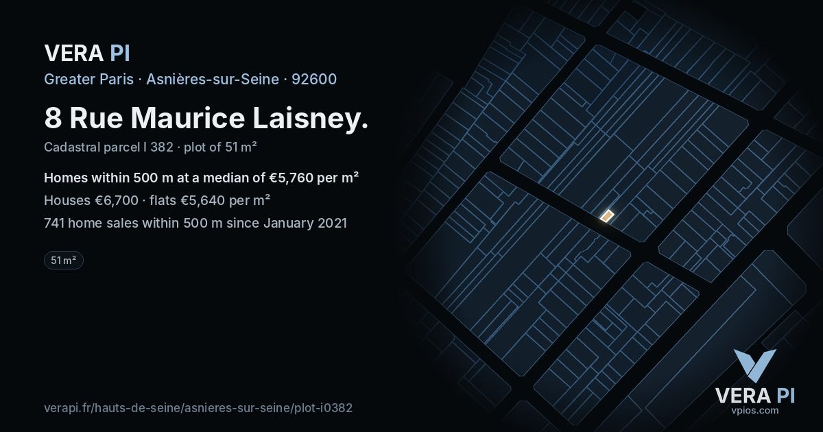 8 Rue Maurice Laisney, Asnières-sur-Seine at night – the plot lit, the parcels around coloured by the prices near them