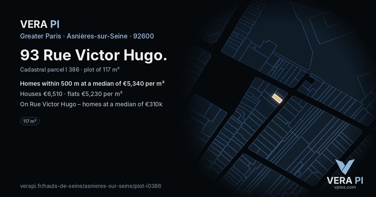 93 Rue Victor Hugo, Asnières-sur-Seine at night – the plot lit, the parcels around coloured by the prices near them