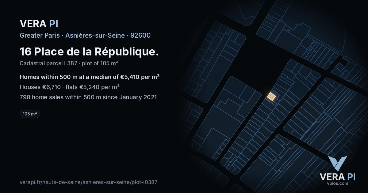 16 Place de la République, Asnières-sur-Seine at night – the plot lit, the parcels around coloured by the prices near them