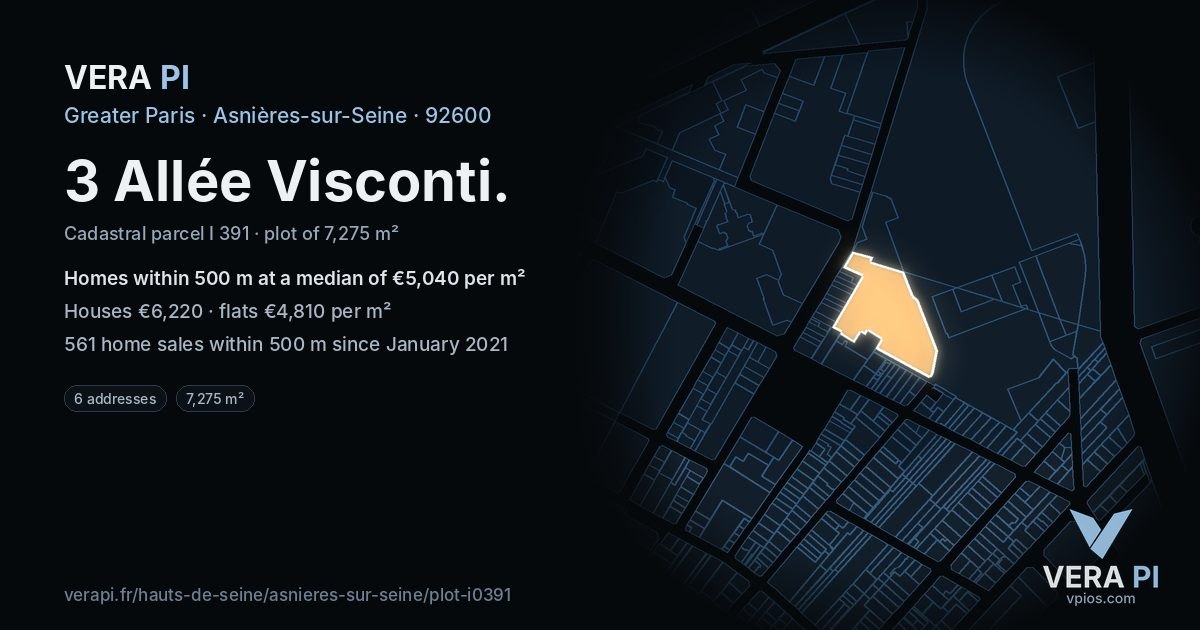 3 Allée Visconti, Asnières-sur-Seine at night – the plot lit, the parcels around coloured by the prices near them
