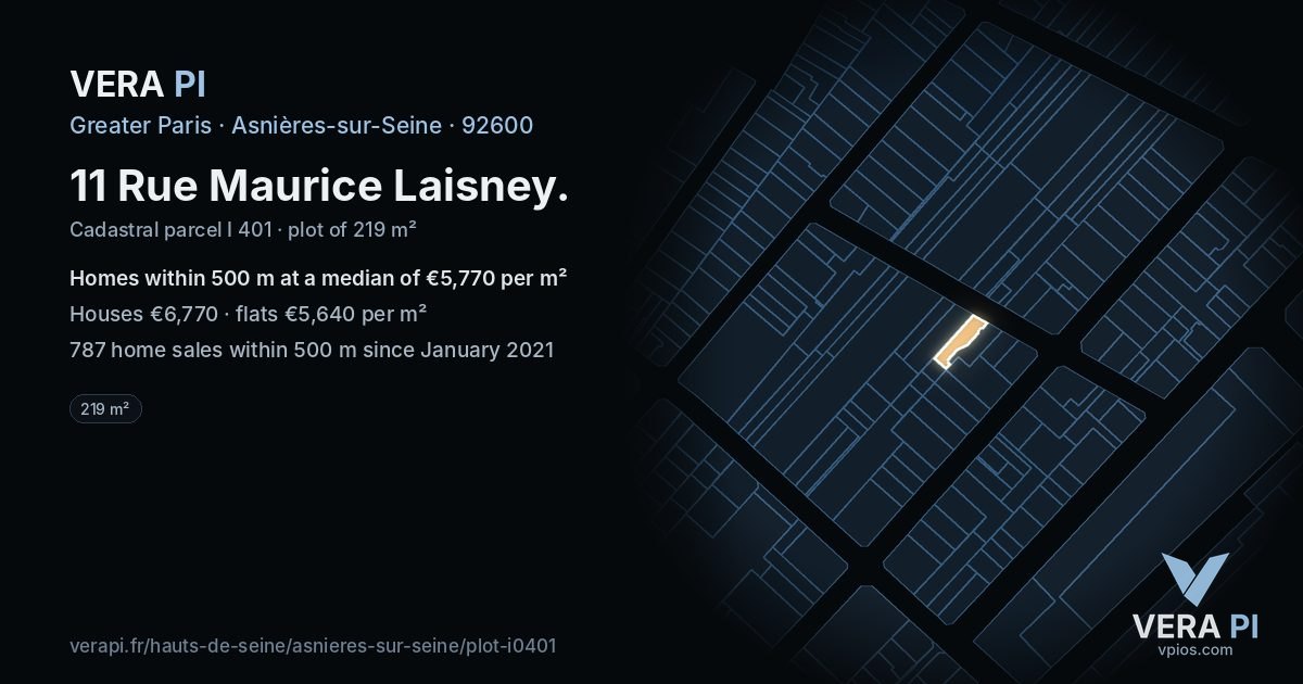 11 Rue Maurice Laisney, Asnières-sur-Seine at night – the plot lit, the parcels around coloured by the prices near them