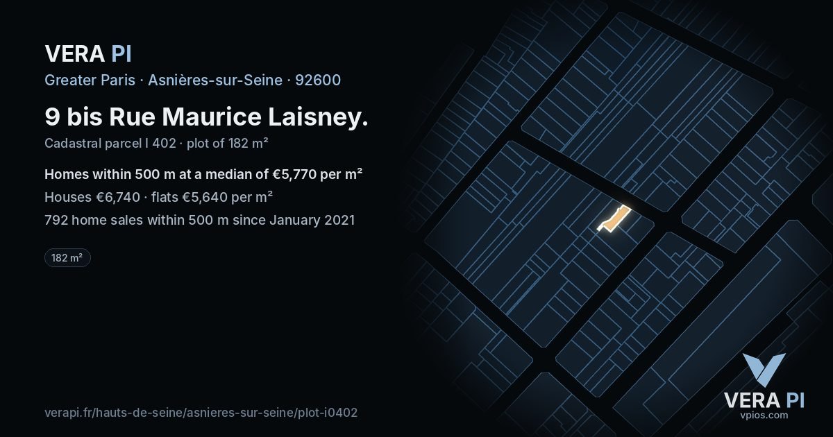 9 bis Rue Maurice Laisney, Asnières-sur-Seine at night – the plot lit, the parcels around coloured by the prices near them