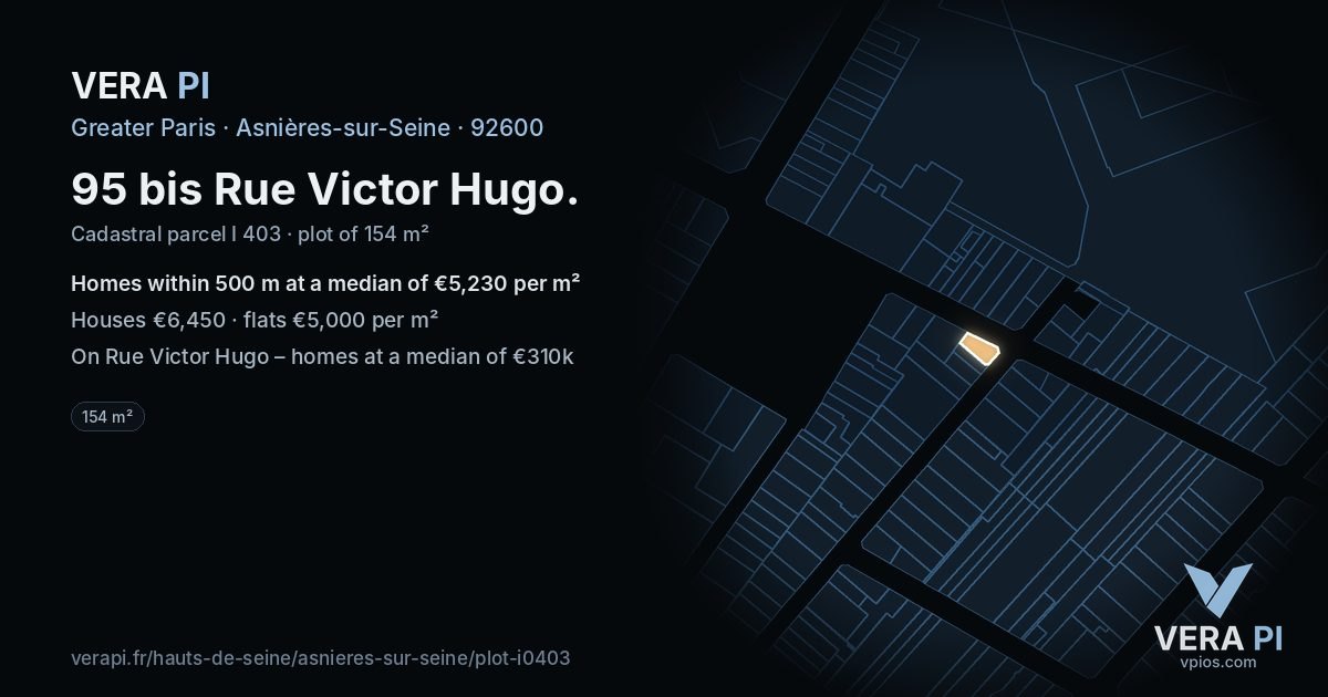95 bis Rue Victor Hugo, Asnières-sur-Seine at night – the plot lit, the parcels around coloured by the prices near them
