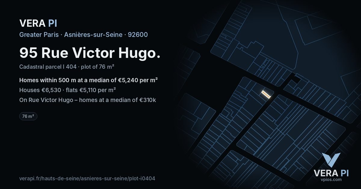 95 Rue Victor Hugo, Asnières-sur-Seine at night – the plot lit, the parcels around coloured by the prices near them